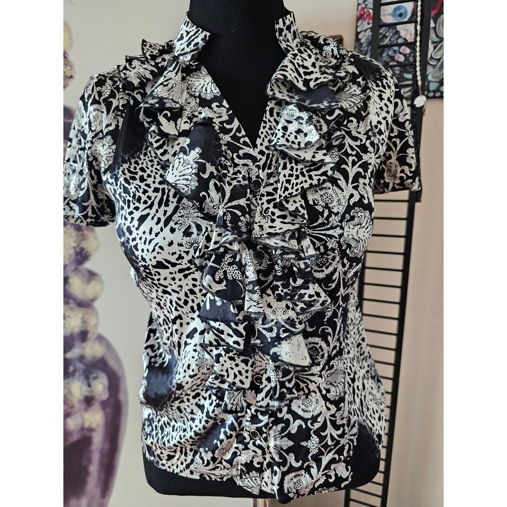 St John Couture Resort Black White Leopard Damask Ruffle Silk Blouse Size 4